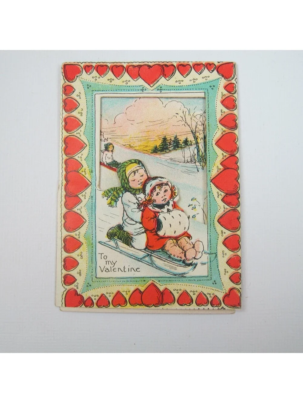 Vintage Valentine Die cut Fold 3D Card Girl Boy Snow Sledding 1920s-30s UNSIGNED